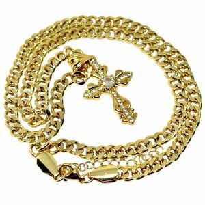 24 K Gold Plated Cuban Link Chain Crystal Cross Pendant Crucifix Necklace 10”